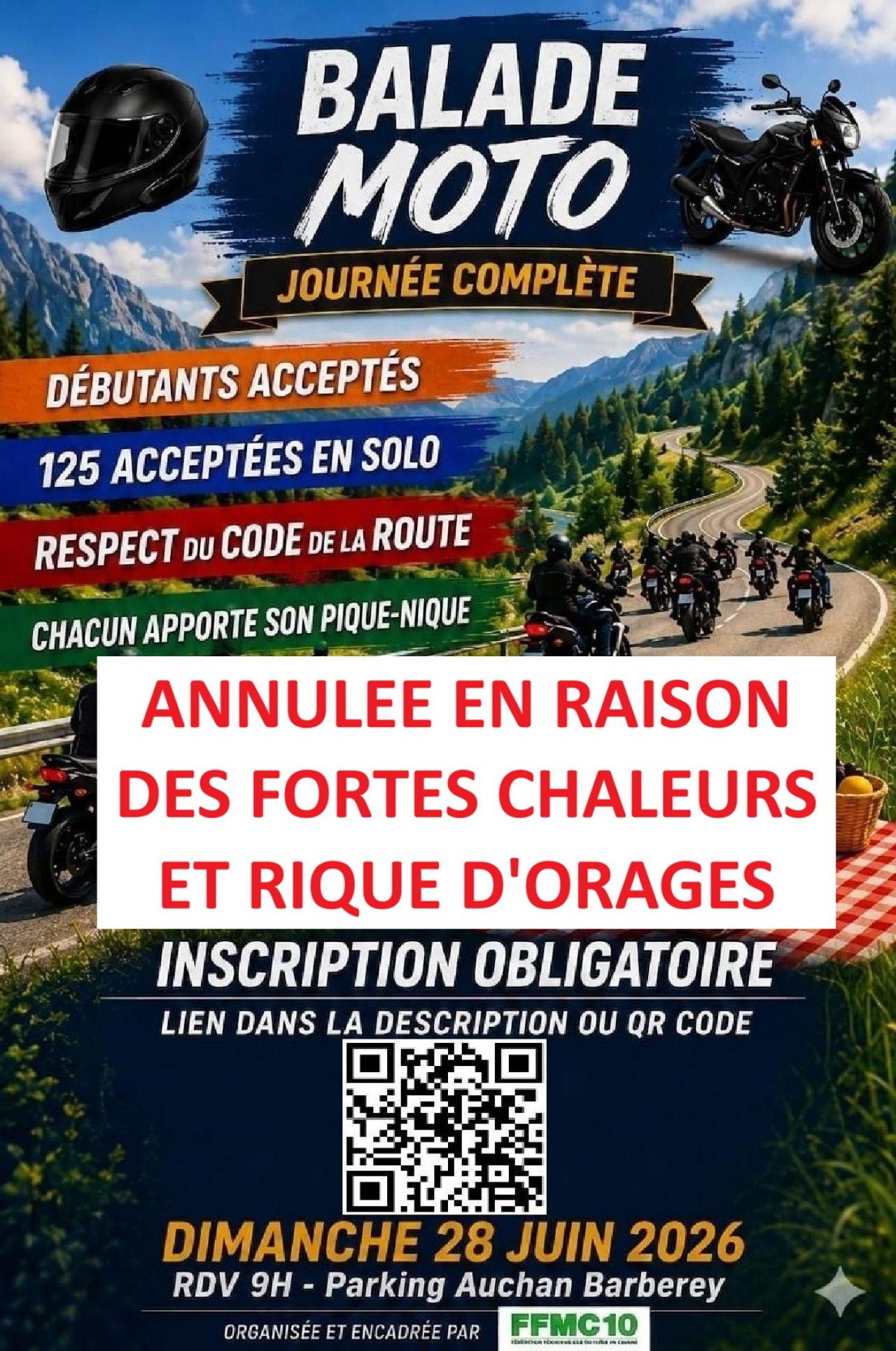 Annulation Balade FFMC10 du 28 juin 2026